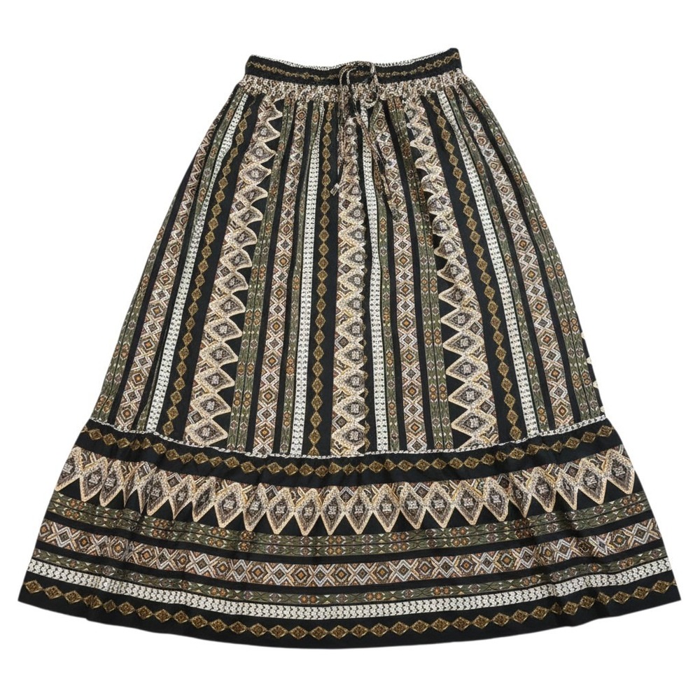 Hippie BOHO Tribal Print Maxi Skirt L-XL E Rustic Tiered Ruffle Earth Tones